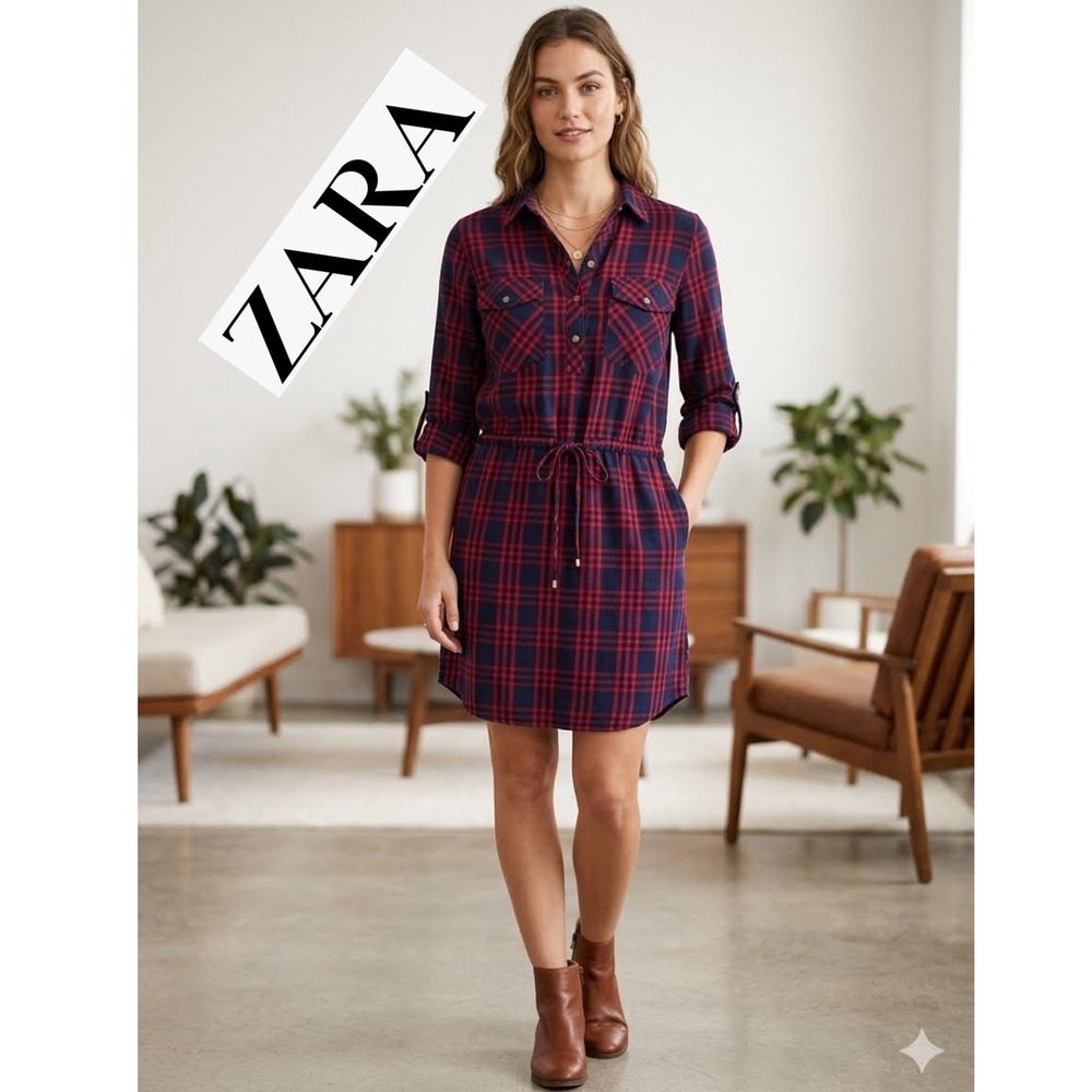 Zara Basic Navy Red Plaid Shirt Dress Drawstring Waist Roll Tab Sleeve XS Westen